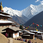 A breathtaking documentary scene by Buddha Film: Snow-capped Himalayan mountains tower over a serene Bhutanese village. Prayer flags flutter in the wind. Focus on the genuine smiles of the local people, radiating pure joy and positive energy. Capture the essence of Bhutanese life, untouched by greed, through a cinematic lens.