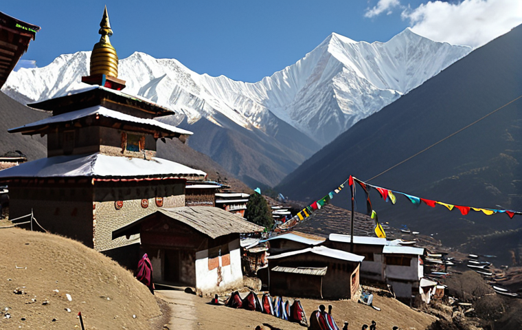 A breathtaking documentary scene by Buddha Film: Snow-capped Himalayan mountains tower over a serene Bhutanese village. Prayer flags flutter in the wind. Focus on the genuine smiles of the local people, radiating pure joy and positive energy. Capture the essence of Bhutanese life, untouched by greed, through a cinematic lens.