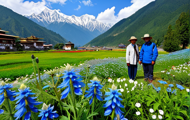 **

"A vibrant display of Himalayan wildflowers in Bhutan, including Edelweiss and Himalayan Blue Poppy, fully clothed tourists admiring the scenery, appropriate attire, mountain backdrop, safe for work, perfect anatomy, natural proportions, professional photography, high quality, family-friendly."

**