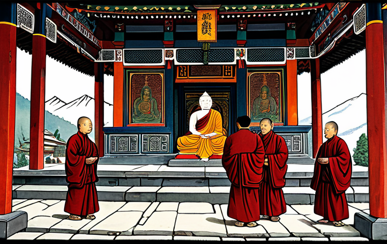 **

"A Bhutanese woodblock print depicting a Buddhist scene, intricate details, traditional motifs, monks in modest robes, serene environment, temple background, fully clothed, appropriate content, safe for work, perfect anatomy, correct proportions, natural pose, professional illustration, high quality, family-friendly, modest clothing"

**