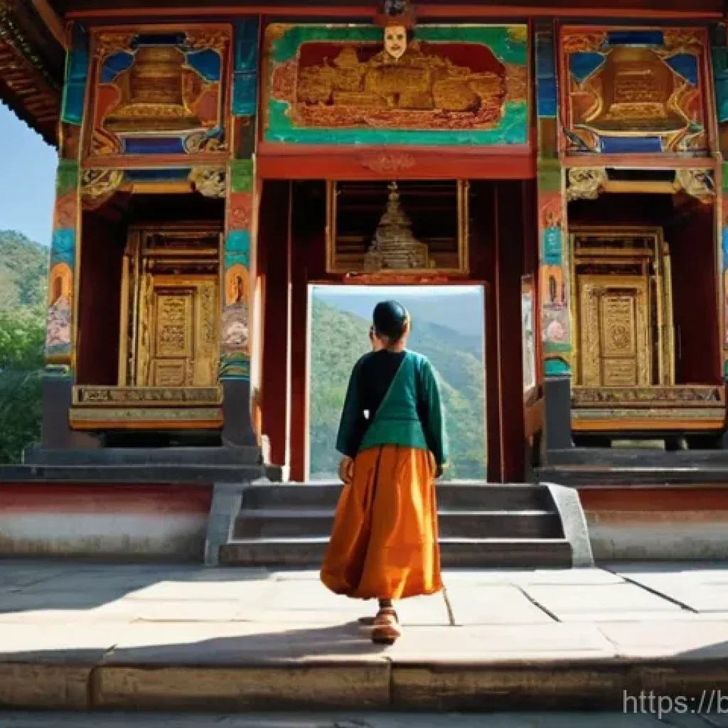 부탄에서 사찰 예절 - **Prompt 1: Respectful Entry to a Bhutanese Temple**
    "A female traveler, dressed modestly in a l...