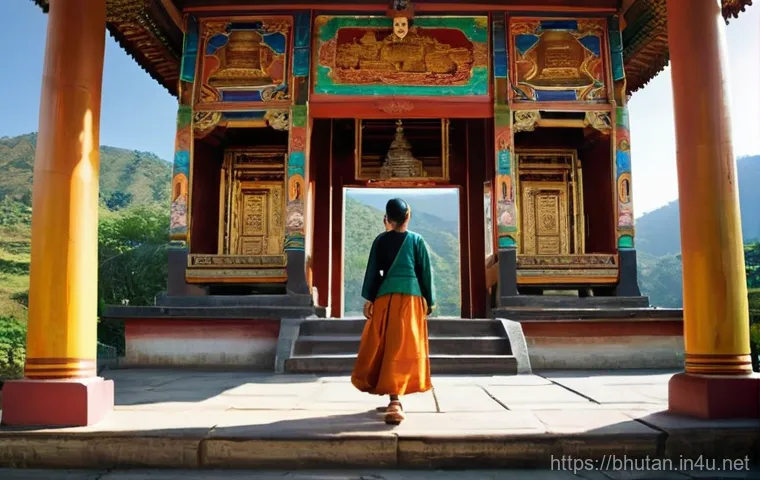 부탄에서 사찰 예절 - **Prompt 1: Respectful Entry to a Bhutanese Temple**
    "A female traveler, dressed modestly in a l...