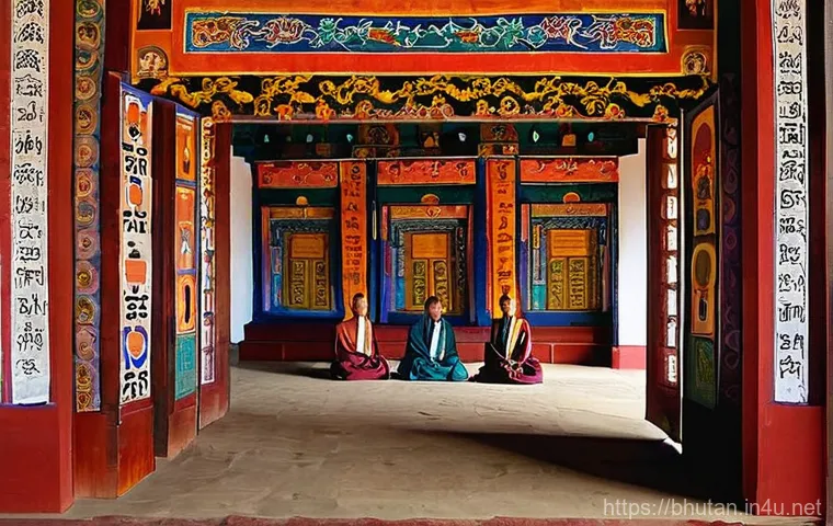 부탄에서 사찰 예절 - **Prompt 1: Respectful Entry to a Bhutanese Temple**
    "A female traveler, dressed modestly in a l...