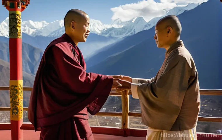 부탄에서 사찰 예절 - **Prompt 2: Silent Reverence in a Temple Hall**
    "Inside a grand Bhutanese temple hall, two indiv...