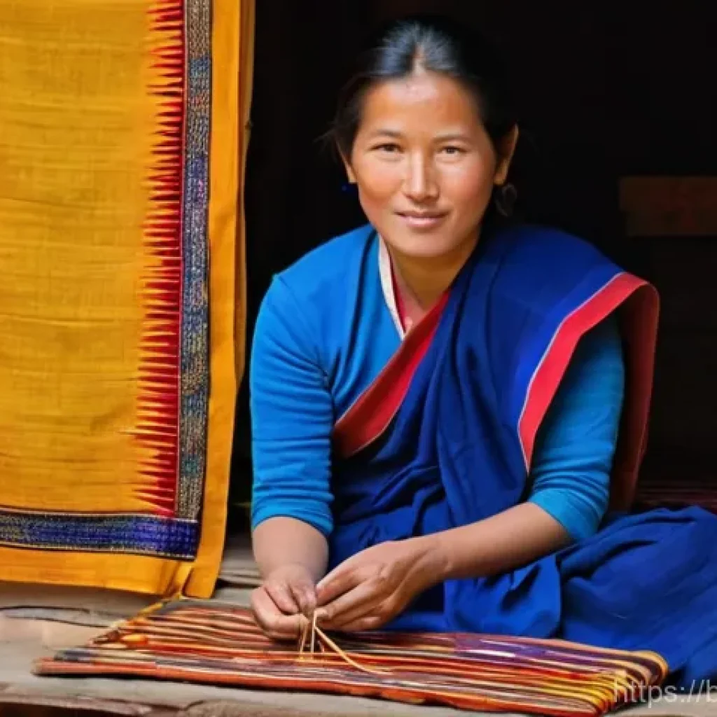 부탄 전통 공예품 - A Bhutanese woman, in her late 30s, dressed in a practical traditional Bhutanese kira with a simple ...