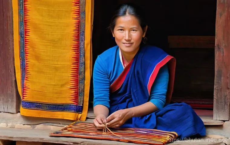 부탄 전통 공예품 - A Bhutanese woman, in her late 30s, dressed in a practical traditional Bhutanese kira with a simple ...
