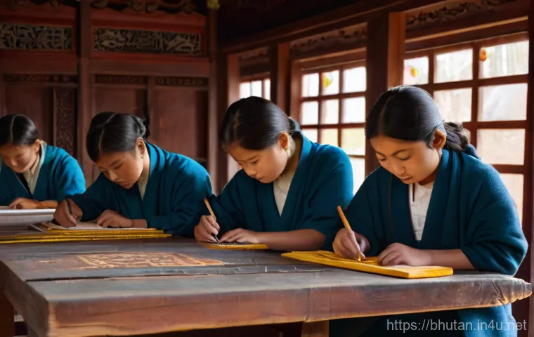 부탄 전통 공예품 - A Bhutanese woman, in her late 30s, dressed in a practical traditional Bhutanese kira with a simple ...