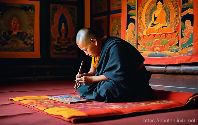 부탄 전통 공예품 - Inside a brightly lit workshop at the National Institute for Zorig Chusum, a group of young Bhutanes...