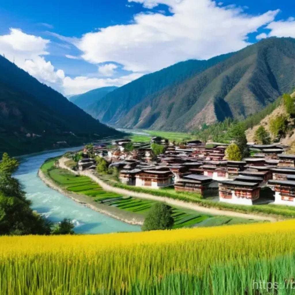 부탄에서 만난 유명 여행 블로거 경험담 - A serene and picturesque landscape of the Paro Valley in Bhutan. Lush green mountains rise majestica...
