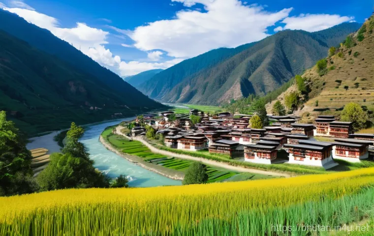부탄에서 만난 유명 여행 블로거 경험담 - A serene and picturesque landscape of the Paro Valley in Bhutan. Lush green mountains rise majestica...