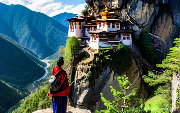 부탄에서 만난 유명 여행 블로거 경험담 - Two female travel bloggers are enthusiastically conversing on a winding mountain path leading up to ...