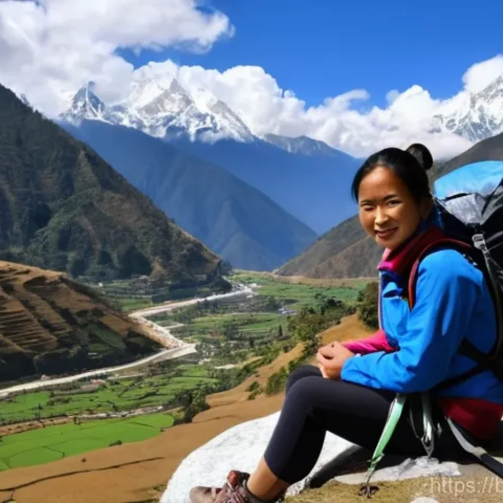 부탄에서의 여행 보험 필요성 - A solo female traveler in her late 20s, dressed in modern, practical trekking attire including hikin...
