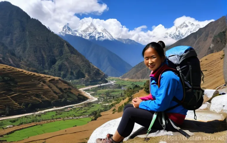부탄에서의 여행 보험 필요성 - A solo female traveler in her late 20s, dressed in modern, practical trekking attire including hikin...