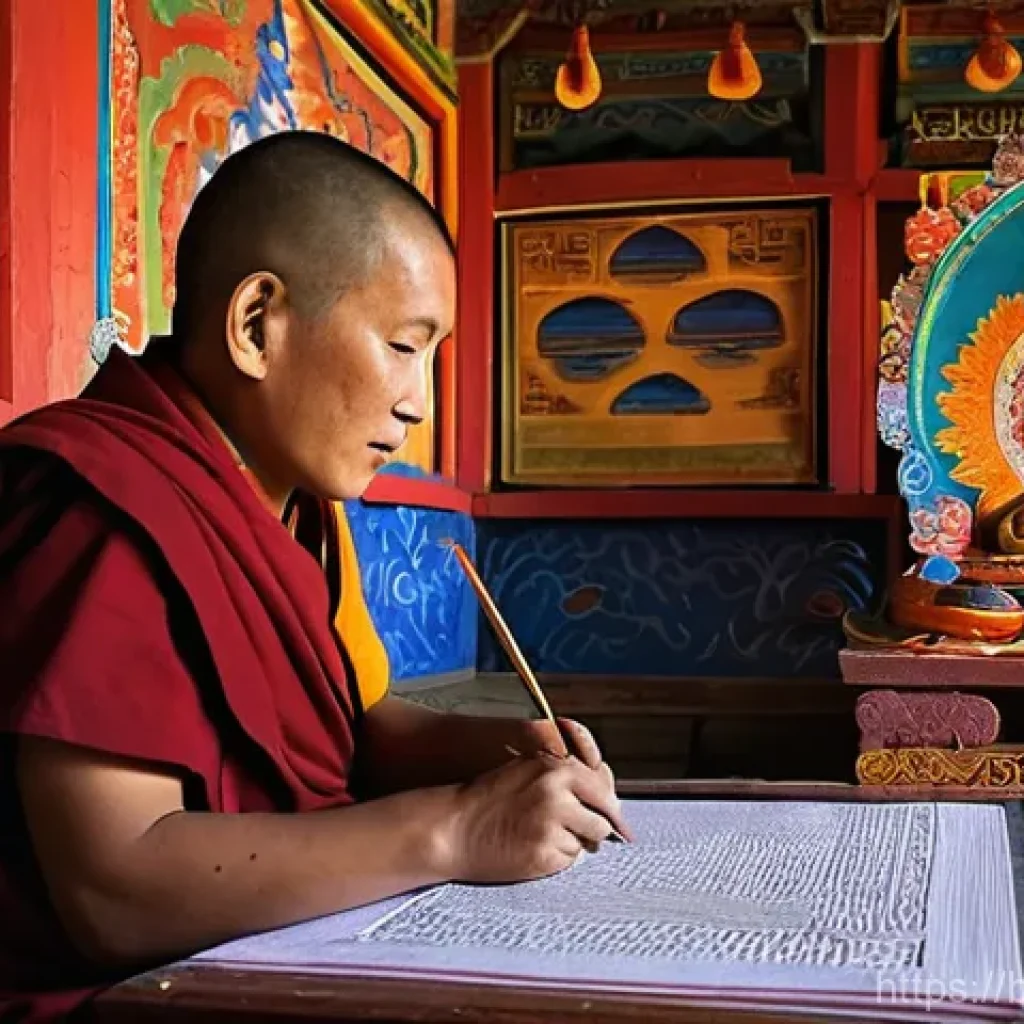 부탄과 관련된 미술 작품 - **Prompt 1: Serene Bhutanese Monk Painting a Thangka**
    A Bhutanese monk, dressed in a traditiona...