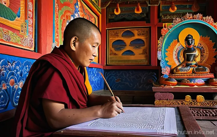 부탄과 관련된 미술 작품 - **Prompt 1: Serene Bhutanese Monk Painting a Thangka**
    A Bhutanese monk, dressed in a traditiona...