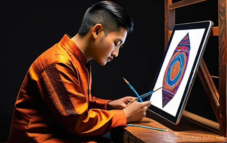 부탄과 관련된 미술 작품 - **Prompt 2: Bhutanese Woman Weaving Traditional Textiles**
    A Bhutanese woman, adorned in a beaut...