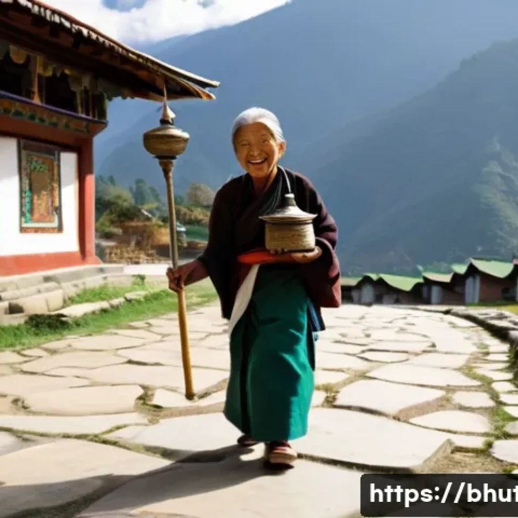 부탄 불교의 수행 전통 - A serene elderly Bhutanese woman with a peaceful smile, dressed in traditional Gho/Kira, gently turn...