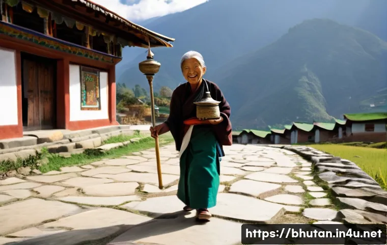 부탄 불교의 수행 전통 - A serene elderly Bhutanese woman with a peaceful smile, dressed in traditional Gho/Kira, gently turn...