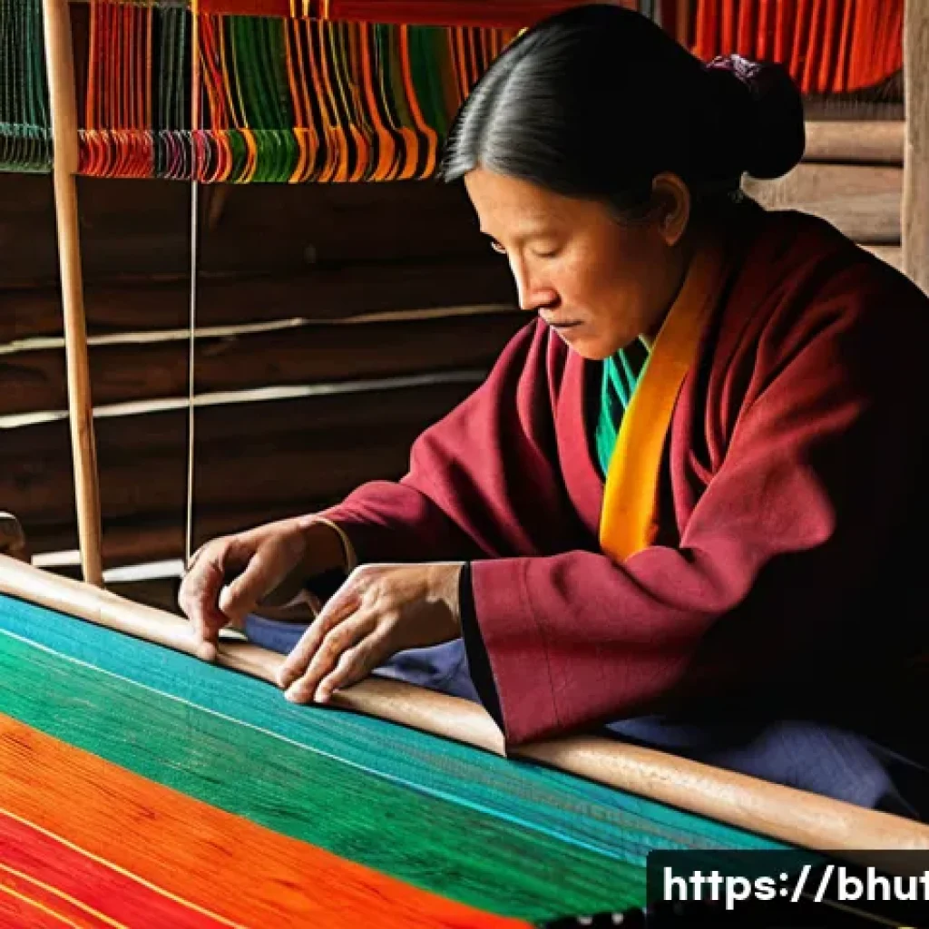부탄에서 구매 가능한 전통 기념품 - A detailed scene showing a Bhutanese artisan weaving traditional textiles by hand on a wooden loom, ...