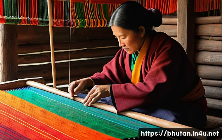 부탄에서 구매 가능한 전통 기념품 - A detailed scene showing a Bhutanese artisan weaving traditional textiles by hand on a wooden loom, ...