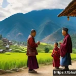 부탄 왕실의 현대적 역할 - A vibrant scene of the Bhutanese royal family visiting a rural village, warmly interacting with loca...