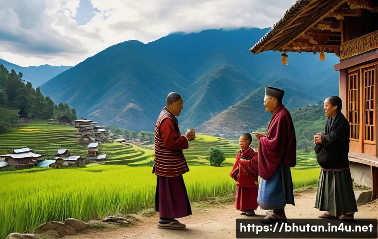 부탄 왕실의 현대적 역할 - A vibrant scene of the Bhutanese royal family visiting a rural village, warmly interacting with loca...