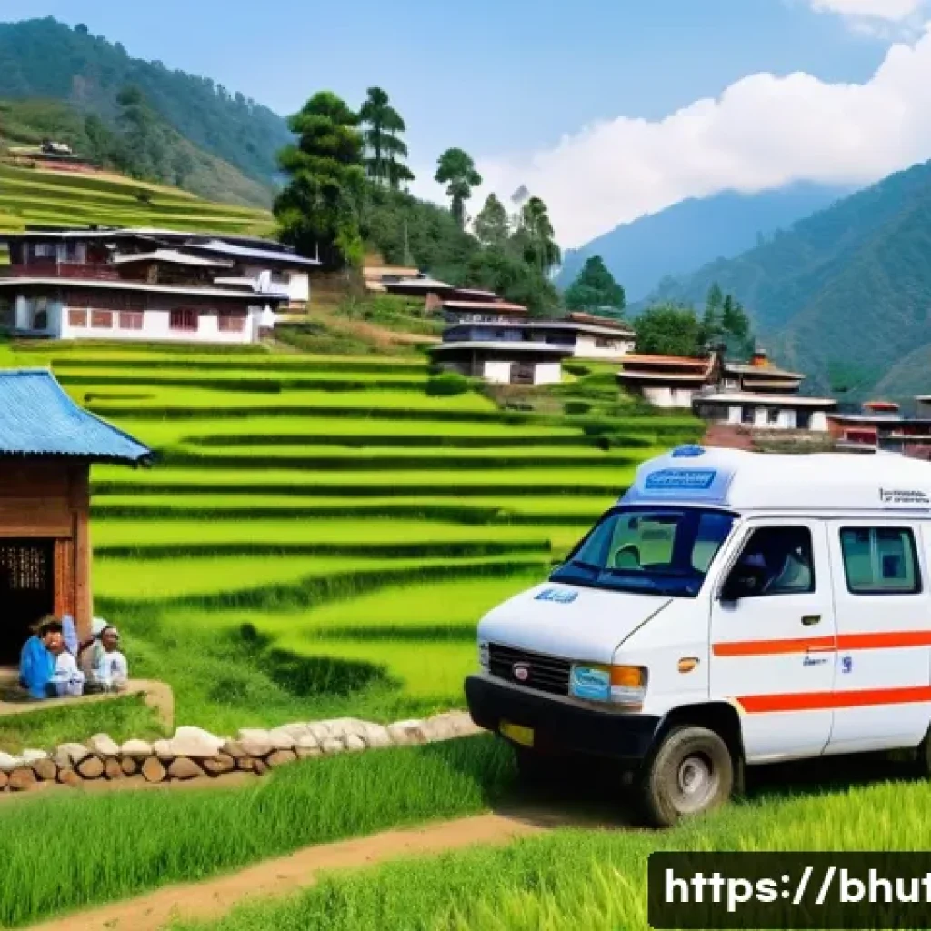부탄의 건강 관리 시스템 - A vibrant rural Bhutanese village scene showcasing a mobile health clinic van parked near traditiona...