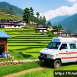 부탄의 건강 관리 시스템 - A vibrant rural Bhutanese village scene showcasing a mobile health clinic van parked near traditiona...