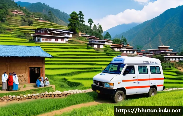 부탄의 건강 관리 시스템 - A vibrant rural Bhutanese village scene showcasing a mobile health clinic van parked near traditiona...