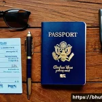 부탄 방문 전 준비물 - A detailed travel essentials flat lay featuring a valid passport with a visible expiration date, vis...