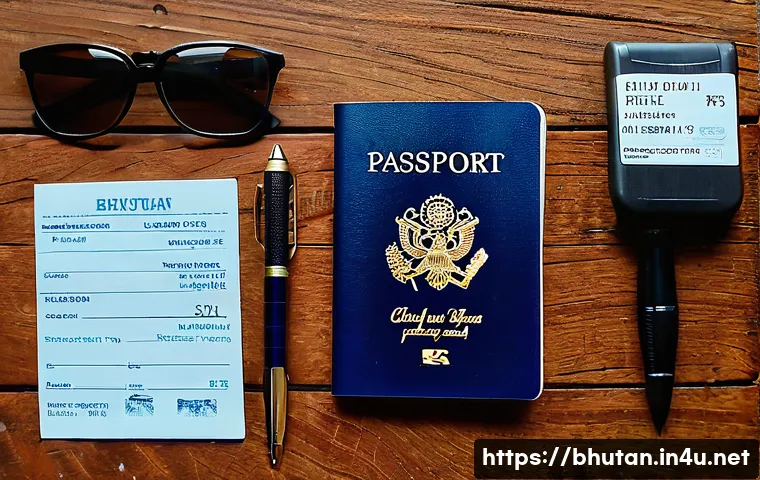 부탄 방문 전 준비물 - A detailed travel essentials flat lay featuring a valid passport with a visible expiration date, vis...