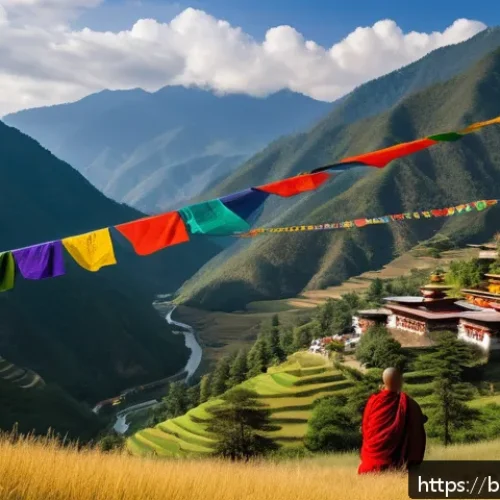 부탄 국왕과 왕실 - A serene and vibrant depiction of Bhutan’s mountainous landscape with lush green forests covering ov...