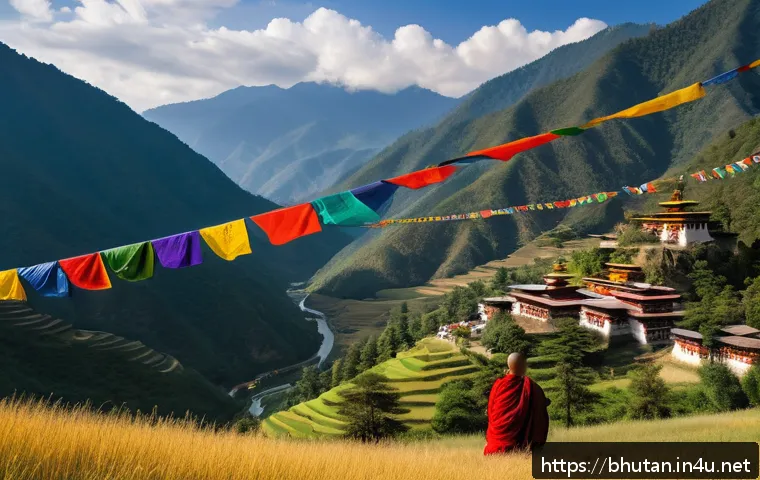 부탄 국왕과 왕실 - A serene and vibrant depiction of Bhutan’s mountainous landscape with lush green forests covering ov...