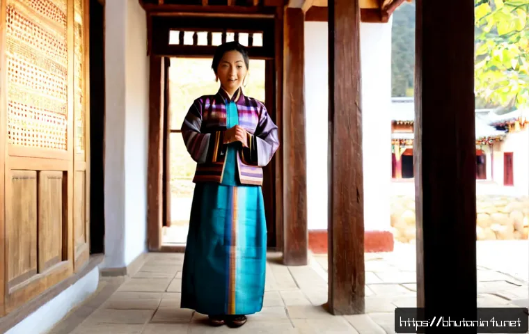 부탄 전통 의상 - Photorealistic full-length portrait of a Bhutanese woman wearing an elegant kira, a richly woven ank...