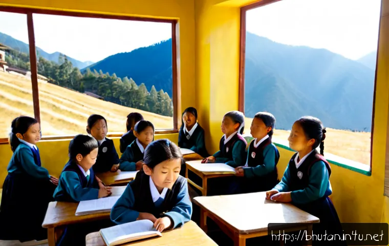 부탄 교육 시스템 - Photorealistic Bhutanese primary school classroom, attentive children in neat school uniforms seated...