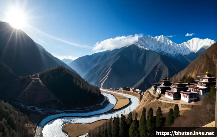 Home 17 부탄 산악 지형의 특징 - Photorealistic panoramic view of Bhutan’s dramatic Himalayan mountain terrain, steep forested valley...